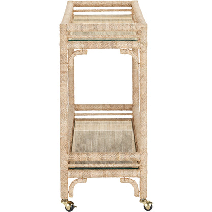 Olisa Bar Cart by Currey and Company in natural, clear. Made from abaca rope, wrought iron, glass in a coastal style.