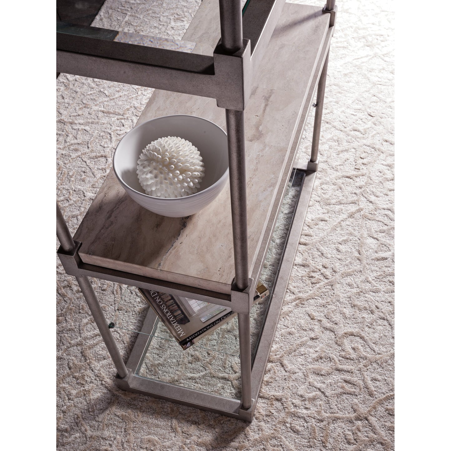 003 SR-834678 | Closeup | Topa Etagere by Artistica Home in antiqued silver leaf. Made from unique in a modern style.