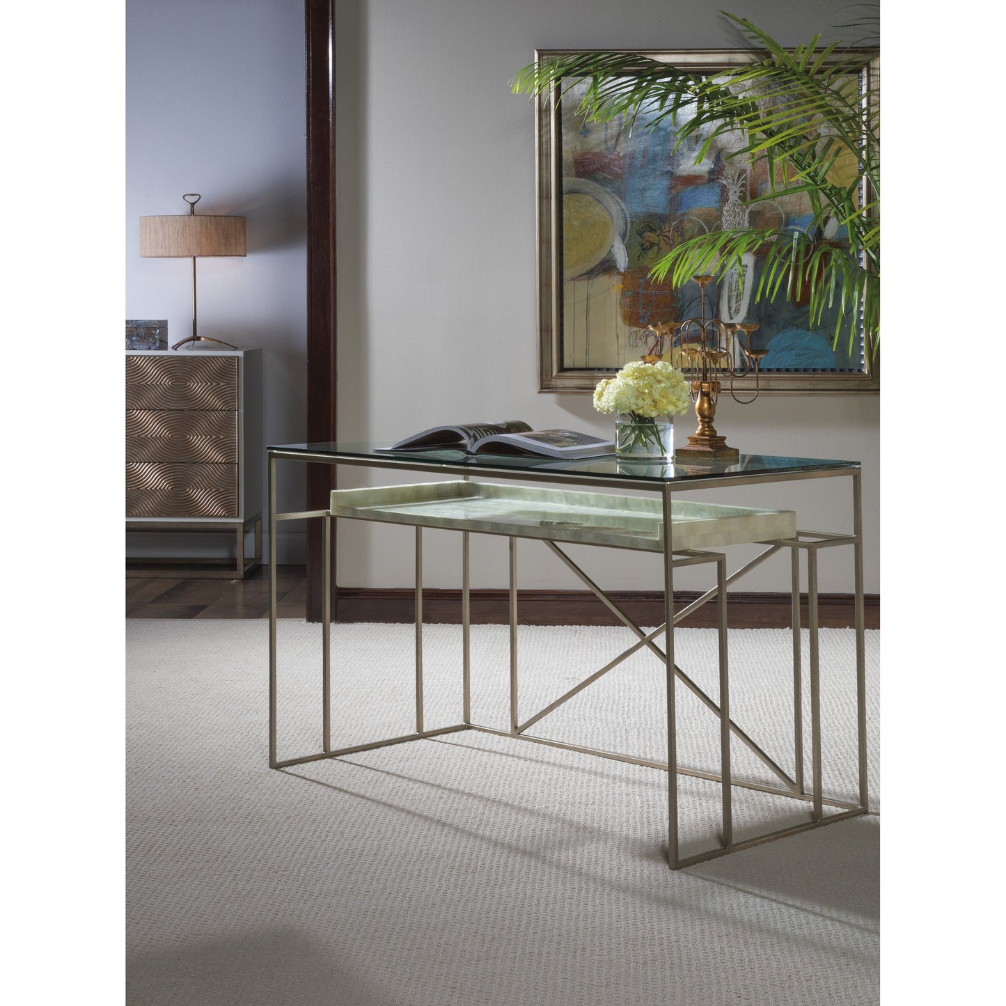 003 SR-834300 | Lifestyle | Cumulus Capiz Writing Table by Artistica Home in champagne. Made from unique in a modern style.