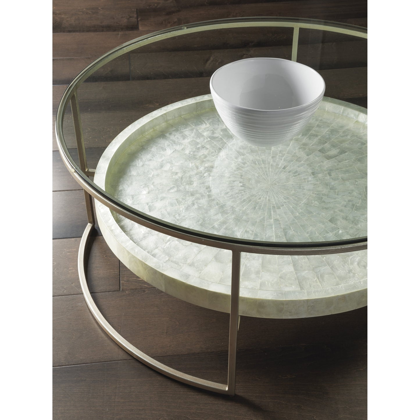 004 SI-1770505 | Closeup | Cumulus Capiz Round Cocktail Table by Artistica Home in champagne. Made from unique in a modern style.