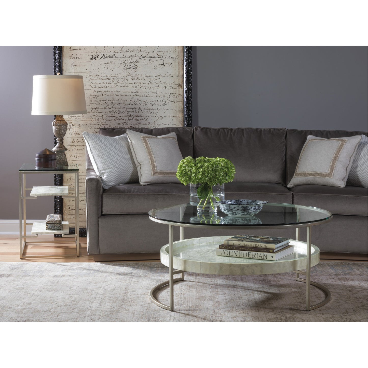 006 SI-1770505 | Lifestyle | Cumulus Capiz Round Cocktail Table by Artistica Home in champagne. Made from unique in a modern style.