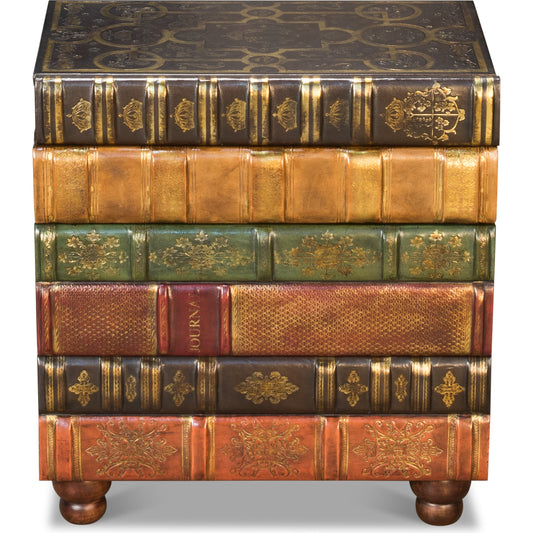 Florentine Books Chairside Chest by Sarreid Ltd. in multicolor and four drawers. Made from wood, leather in a eclectic & global style.
