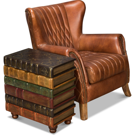 Florentine Books Chairside Chest by Sarreid Ltd. in multicolor and four drawers. Made from wood, leather in a eclectic & global style.