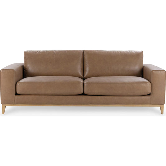 Donovan Sofa by Classic Home in tan. Made from top grain leather, ash wood in a traditional style.