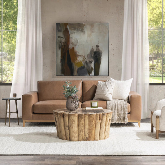 Donovan Sofa by Classic Home in tan. Made from top grain leather, ash wood in a traditional style.