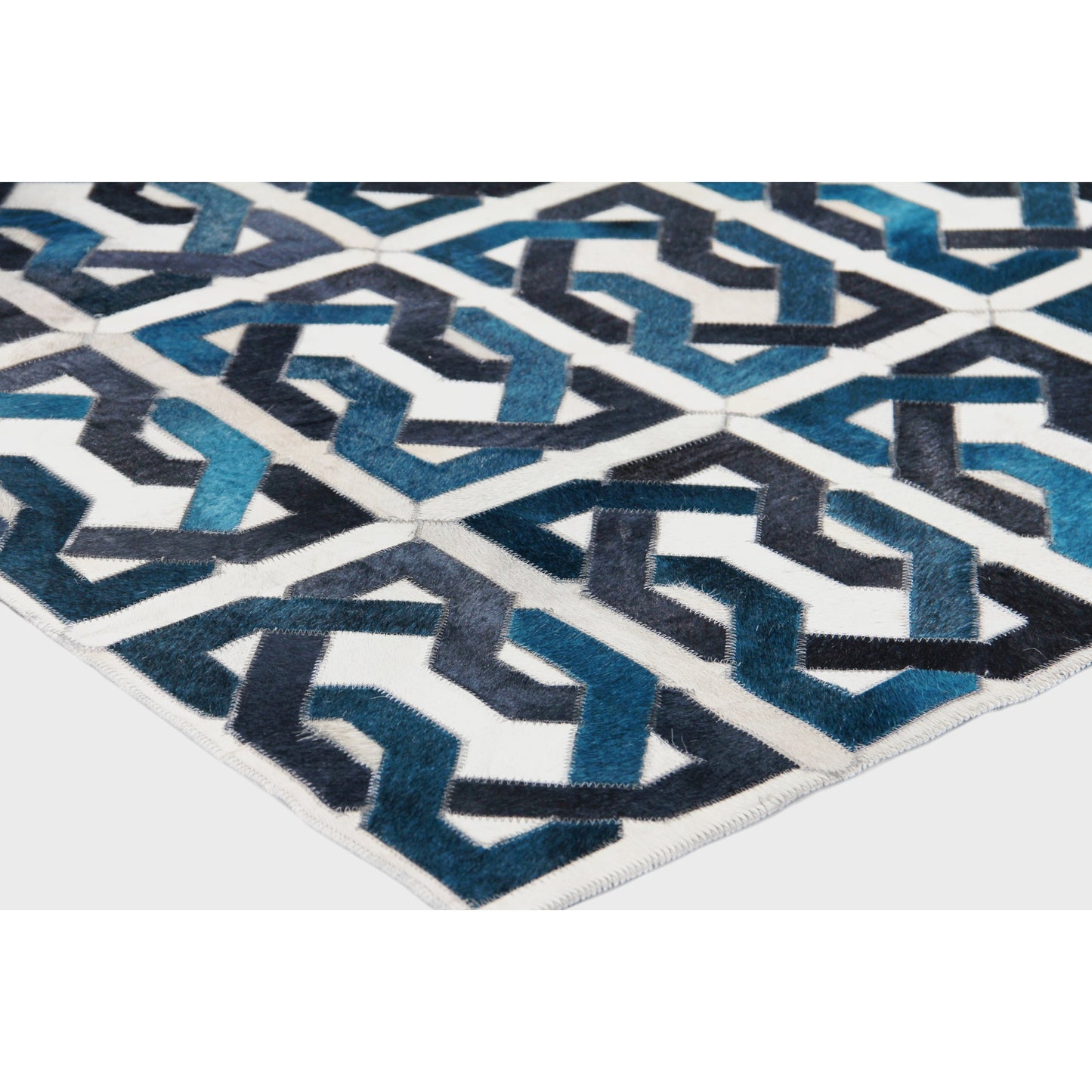 002 SI-1829113,SI-1829115 | Closeup | Natural Hide Rug - Ivory, Navy, Medium Blue by Exquisite Rugs in ivory, navy, medium blue. Made from leather hide in a unique style.