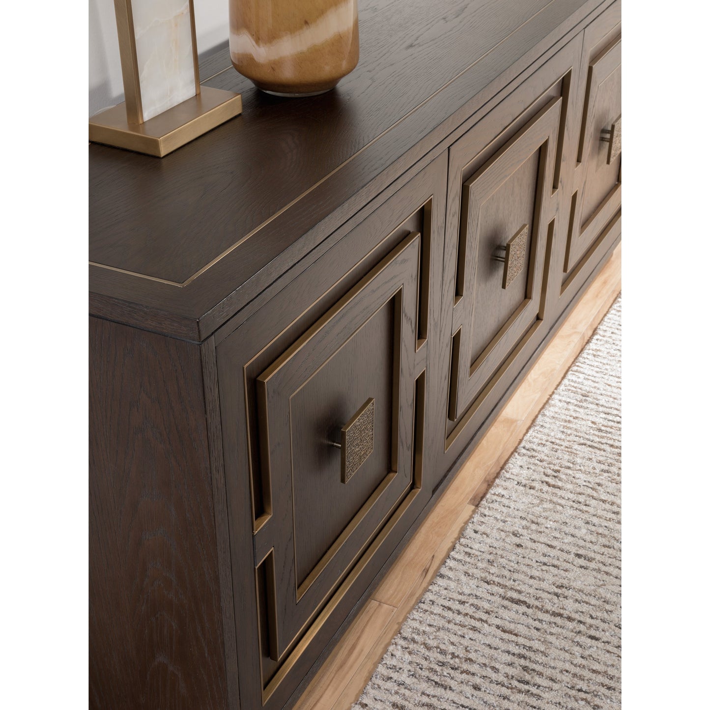 003 SR-834707 | Closeup | Verbatim 4 Door Media Console by Artistica Home in rich brown cerused. Made from unique in a transitional style.
