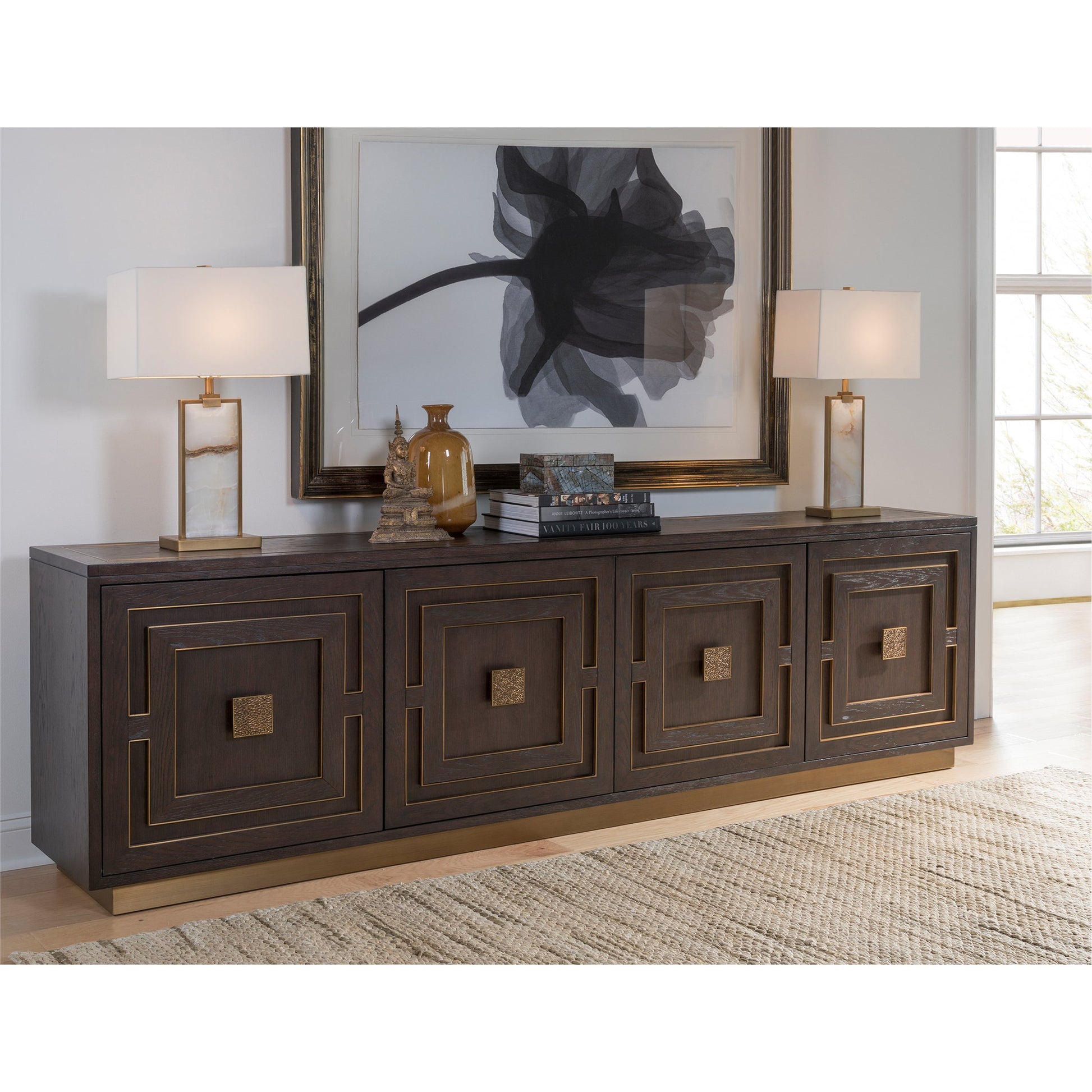 Verbatim 4 Door Media Console by Artistica Home in rich brown cerused. Made from unique in a transitional style.