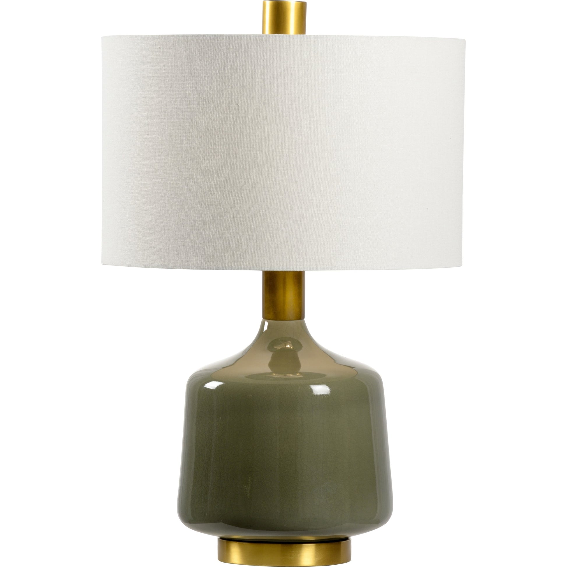 Tremont Lamp by Wildwood in olive glaze, antique brass. Made from ceramic in a modern style.