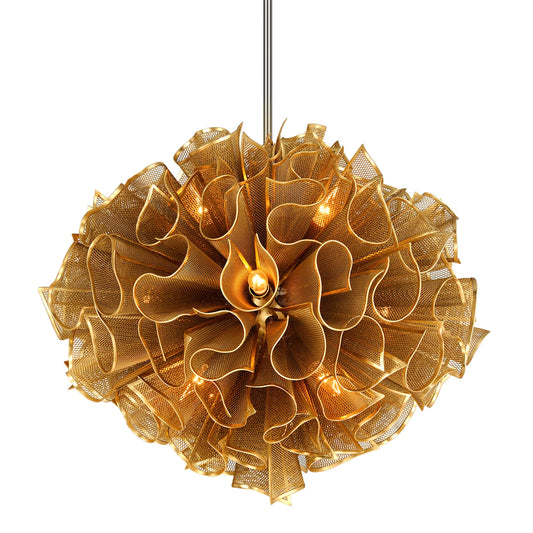 Pulse Chandelier by Corbett in gold leaf. Made from hand crafted iron in a modern style.