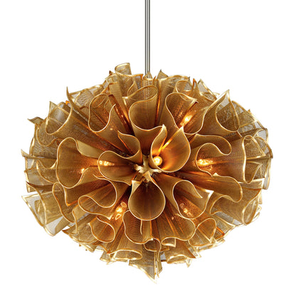 Pulse Chandelier by Corbett in gold leaf. Made from hand crafted iron in a modern style.