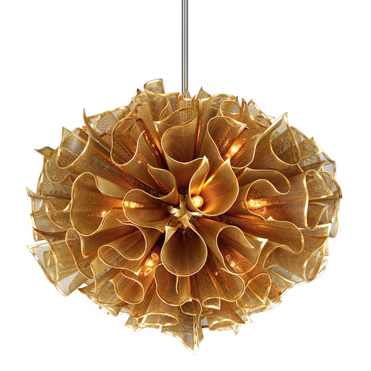 Pulse Chandelier by Corbett in gold leaf. Made from hand crafted iron in a unique style.