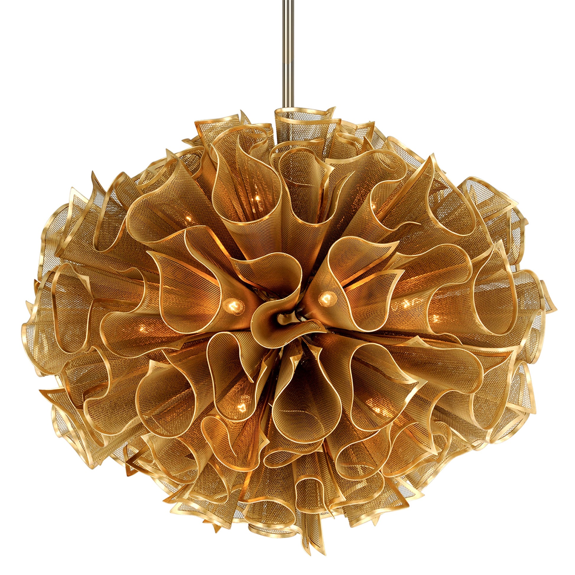 Pulse 20 Light Chandelier by Corbett in gold leaf. Made from hand crafted iron in a modern style.