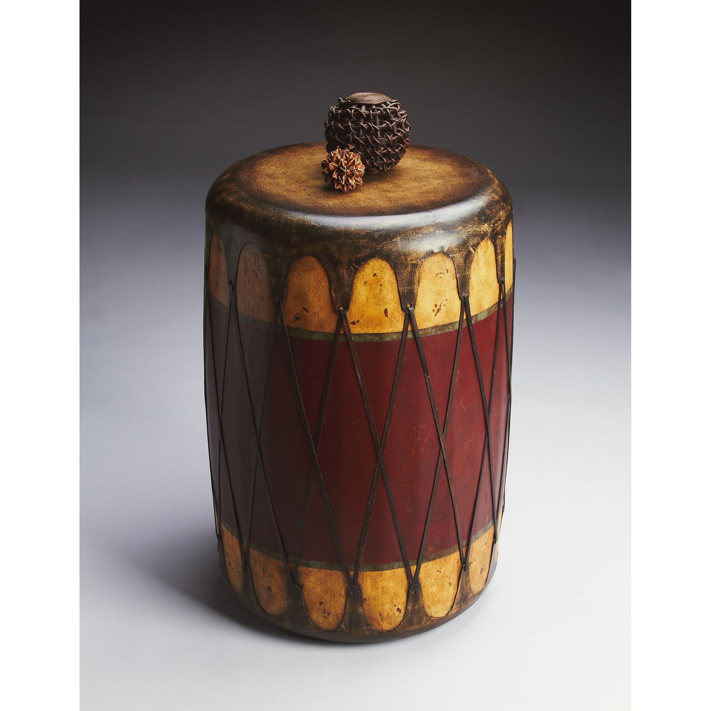 003 O-BUTLER-2199120 | Additional Silo | Navajo Drum Table by Butler Specialty Company in multi-color and mountain lodge. Made from gemelina wood solids, fiberglass, leather in a eclectic & global style.
