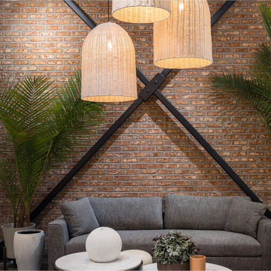 Campana Chandelier by LH Imports in white and off white, black. Made from rattan, iron in a unique style.