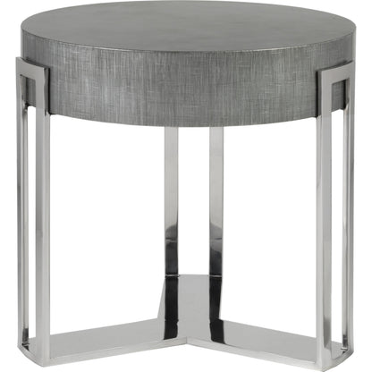 Iridium Round End Table by Artistica Home in gray silver crosshatch. Made from unique in a modern style.