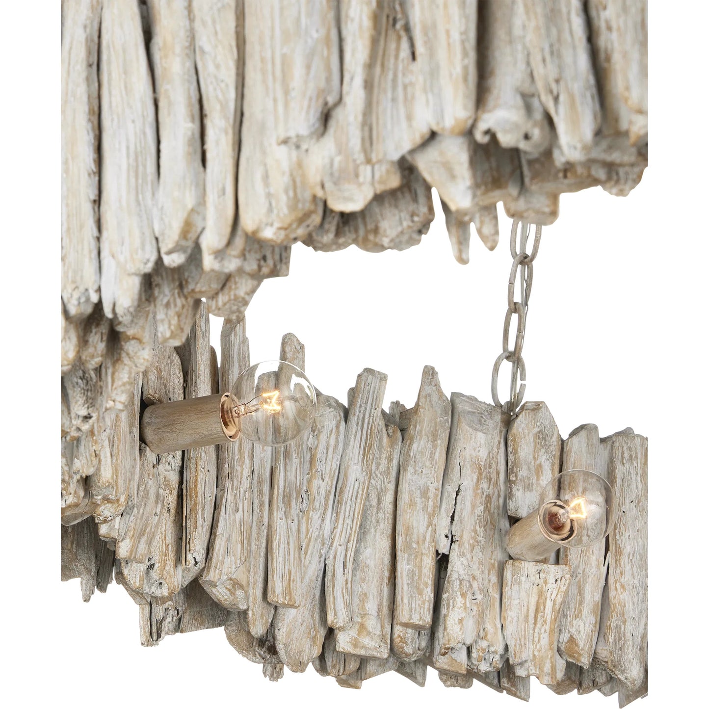 004 SI-2257420 | Closeup | Driftwood Ring Chandelier by Currey and Company in whitewash. Made from driftwood, wrought iron in a cottage & farmhouse style.