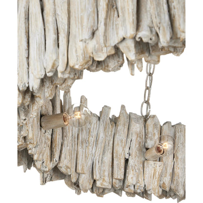 Driftwood Ring Chandelier by Currey and Company in whitewash. Made from driftwood, wrought iron in a cottage & farmhouse style.
