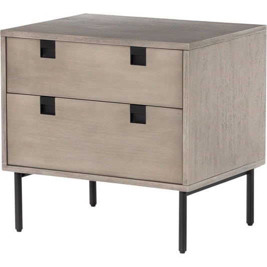Carly 2 Drawer Nightstand by Four Hands in grey wash veneer, antique bronze. Made from thin acacia veneer, iron in a transitional style.