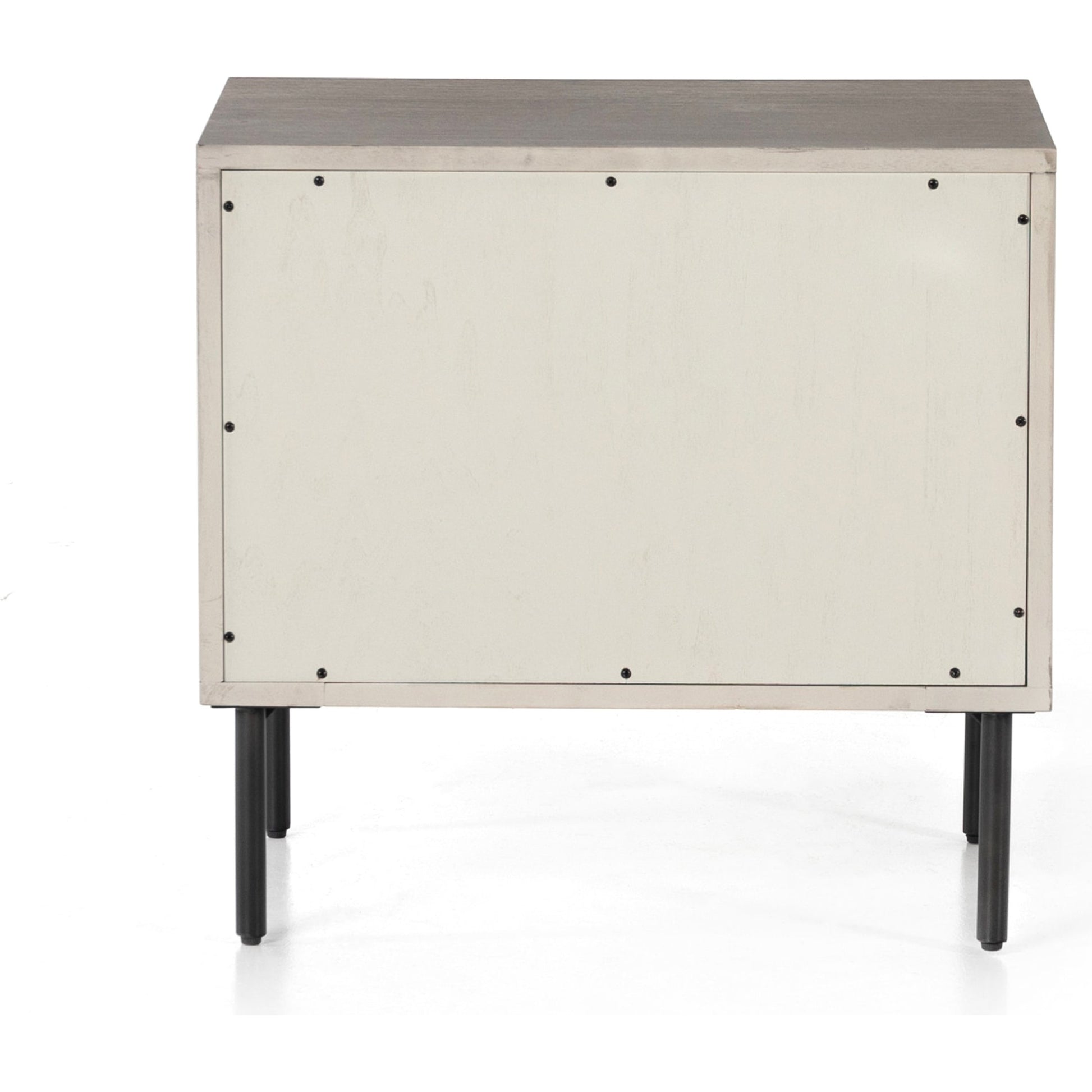 Carly 2 Drawer Nightstand by Four Hands in grey wash veneer, antique bronze. Made from thin acacia veneer, iron in a transitional style.