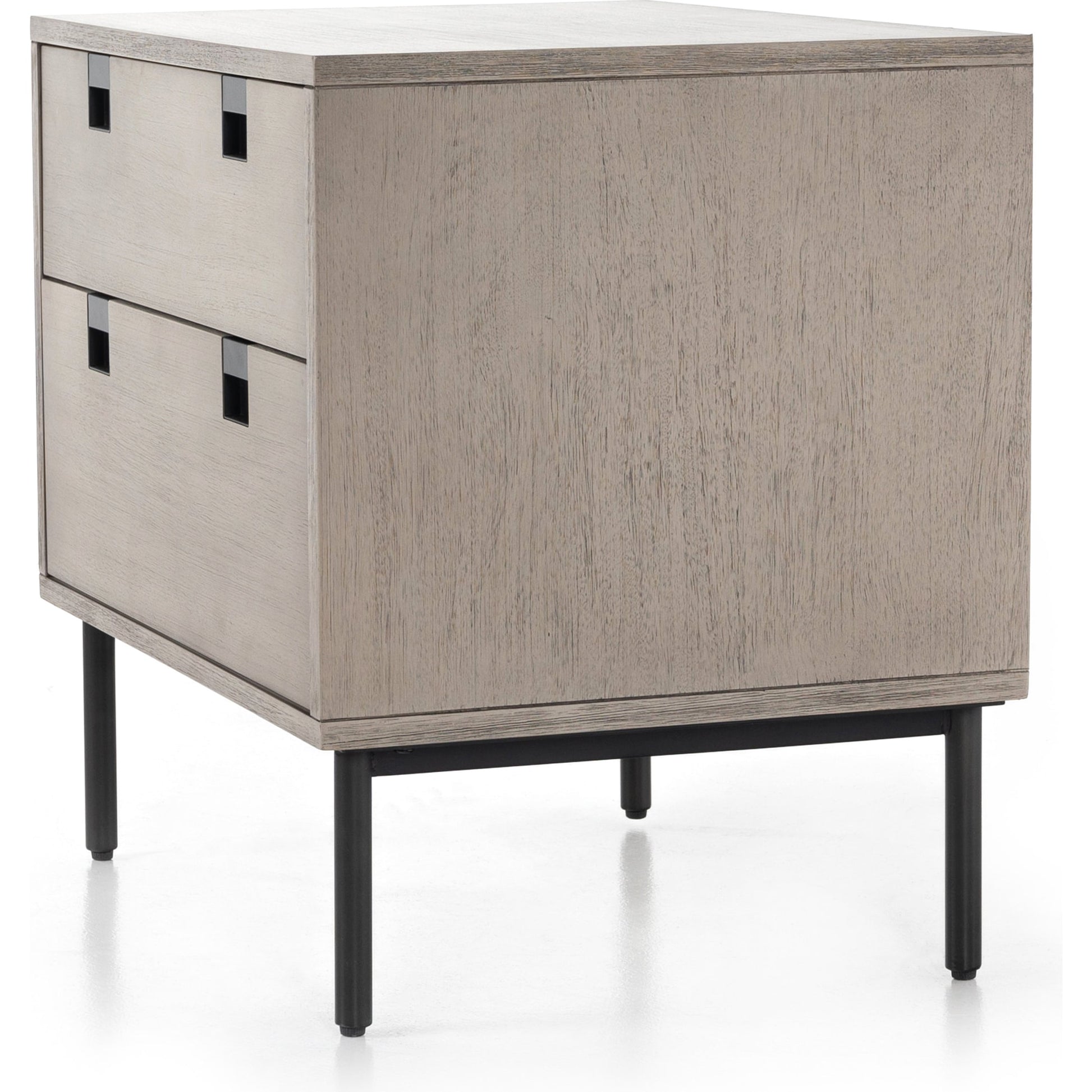 Carly 2 Drawer Nightstand by Four Hands in grey wash veneer, antique bronze. Made from thin acacia veneer, iron in a transitional style.