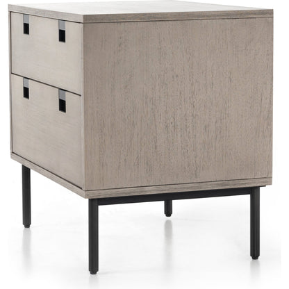 Carly 2 Drawer Nightstand by Four Hands in grey wash veneer, antique bronze. Made from thin acacia veneer, iron in a transitional style.