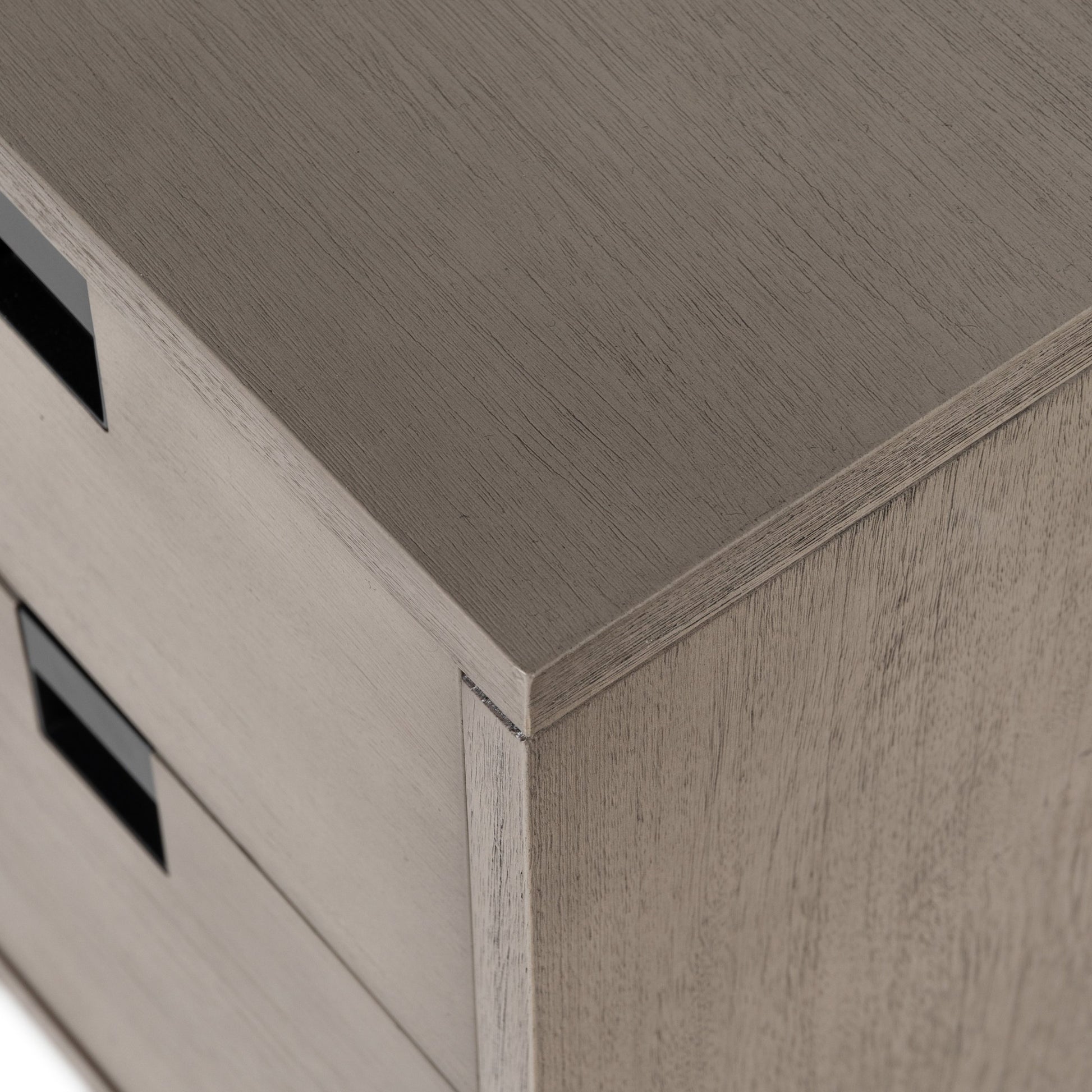 Carly 2 Drawer Nightstand by Four Hands in grey wash veneer, antique bronze. Made from thin acacia veneer, iron in a transitional style.