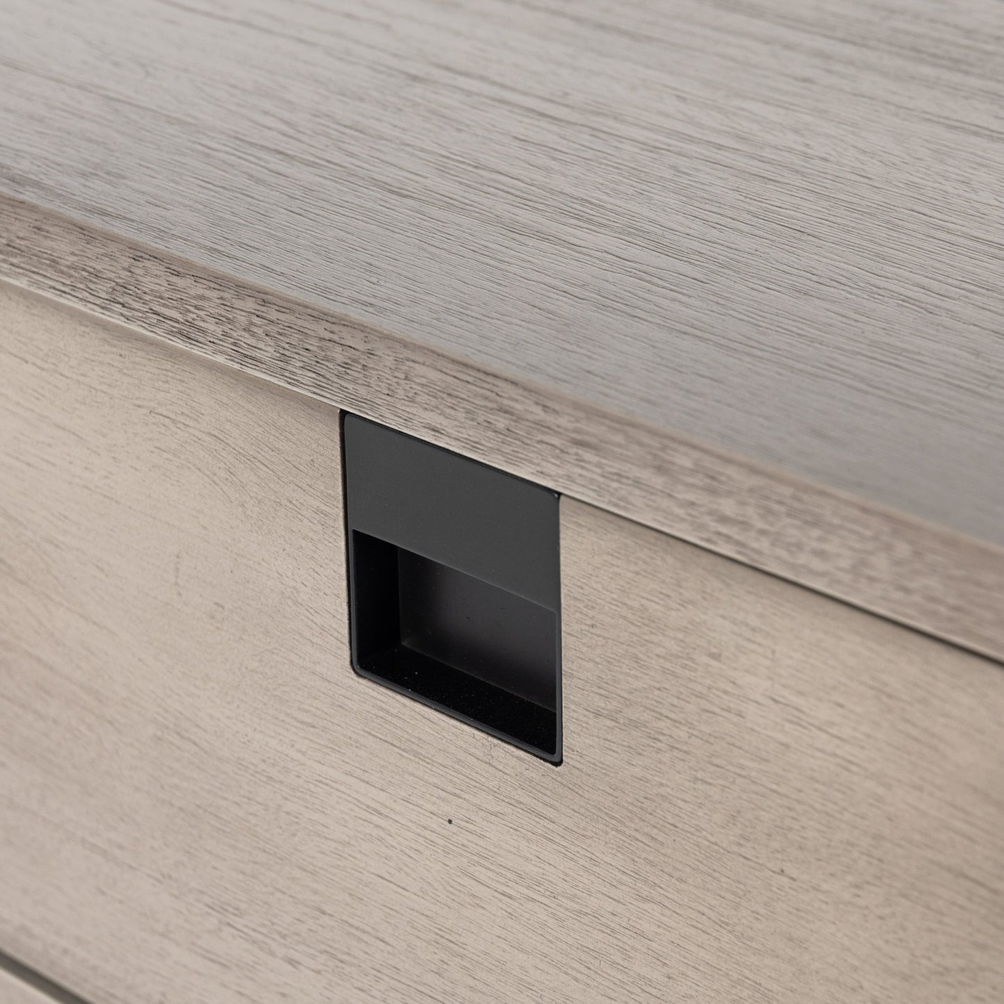 009 SI-1901408 | Closeup | Carly 2 Drawer Nightstand by Four Hands in grey wash veneer, antique bronze. Made from thin acacia veneer, iron in a transitional style.