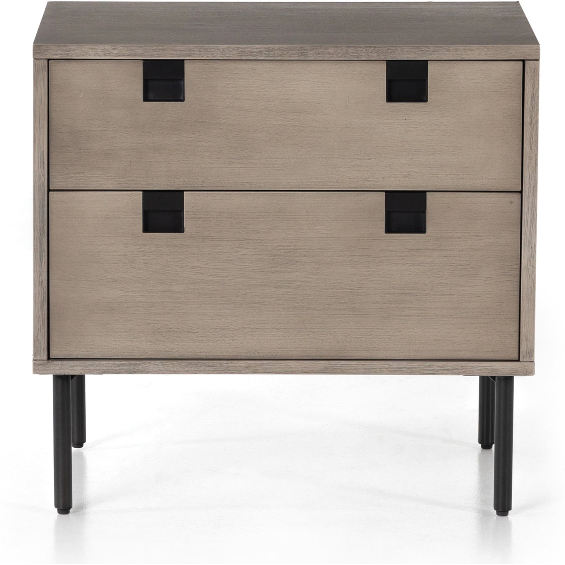 Carly 2 Drawer Nightstand by Four Hands in grey wash veneer, antique bronze. Made from thin acacia veneer, iron in a transitional style.