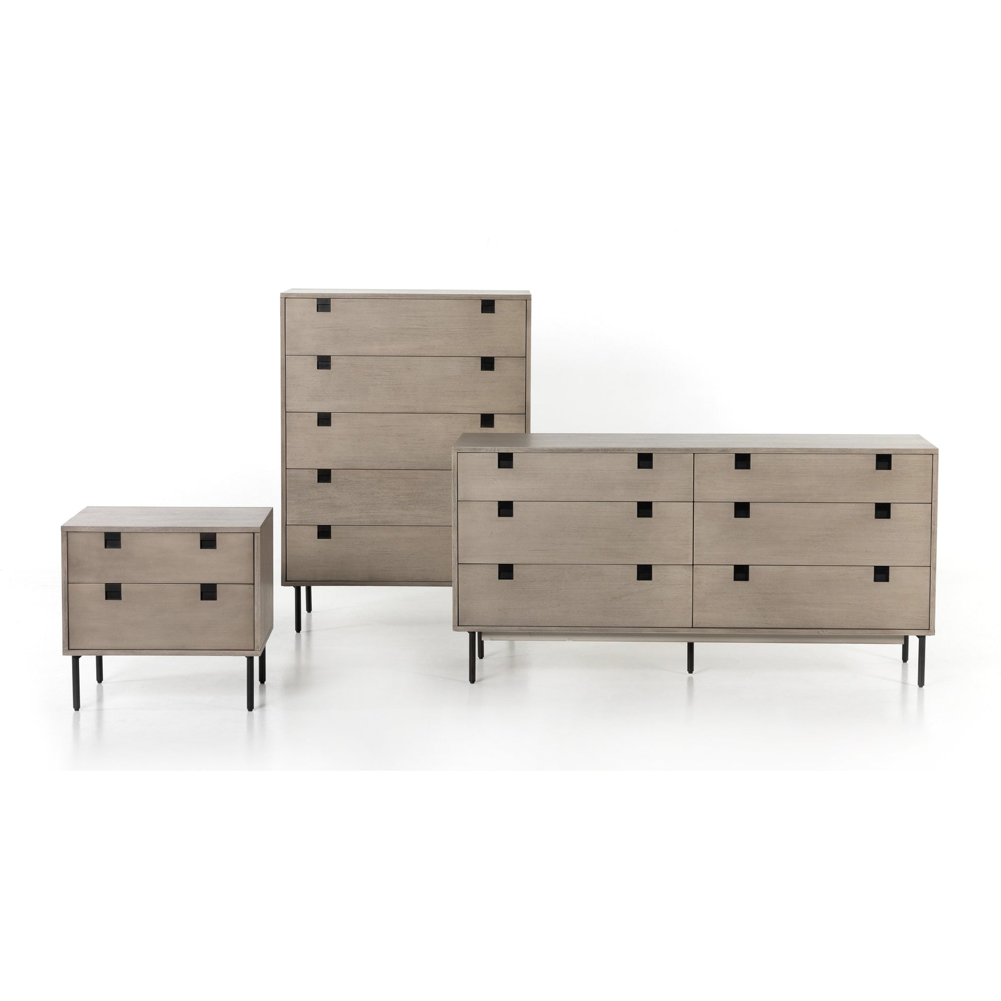 Carly 2 Drawer Nightstand by Four Hands in grey wash veneer, antique bronze. Made from thin acacia veneer, iron in a transitional style.