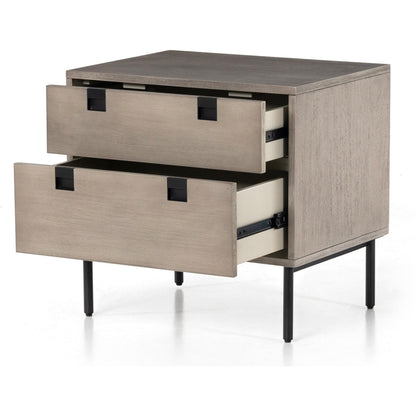Carly 2 Drawer Nightstand by Four Hands in grey wash veneer, antique bronze. Made from thin acacia veneer, iron in a transitional style.