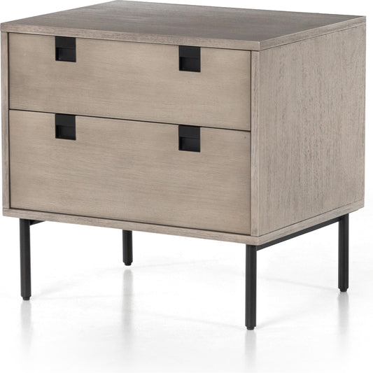 Carly 2 Drawer Nightstand by Four Hands in grey wash veneer, antique bronze. Made from thin acacia veneer, iron in a transitional style.