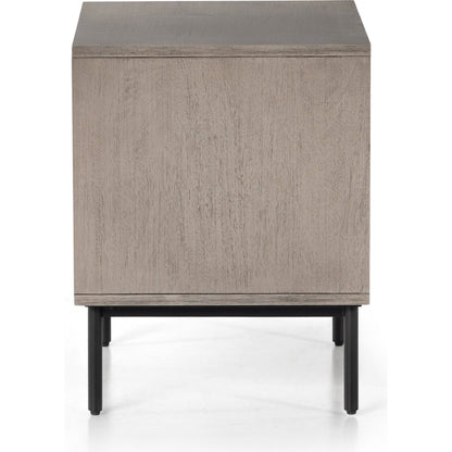 Carly 2 Drawer Nightstand by Four Hands in grey wash veneer, antique bronze. Made from thin acacia veneer, iron in a transitional style.
