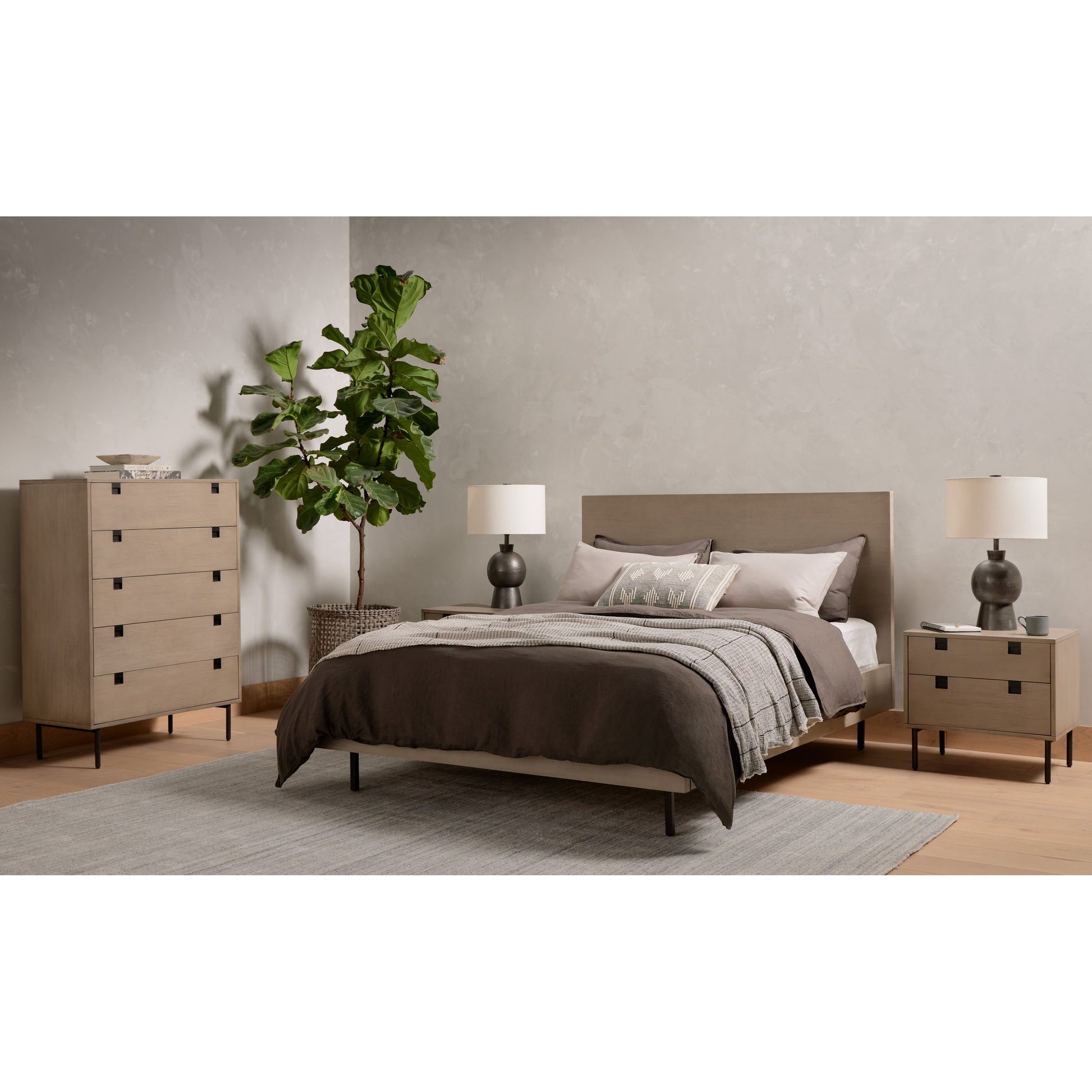 Carly 2 Drawer Nightstand by Four Hands in grey wash veneer, antique bronze. Made from thin acacia veneer, iron in a transitional style.