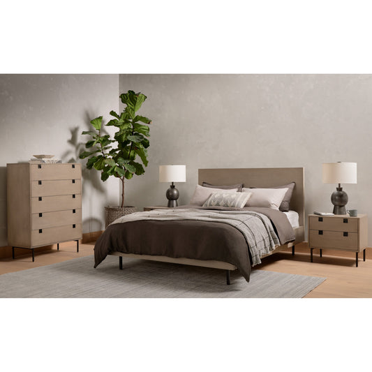Carly 2 Drawer Nightstand by Four Hands in grey wash veneer, antique bronze. Made from thin acacia veneer, iron in a transitional style.