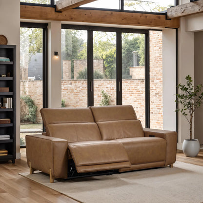 Kadon Zero Gravity Power Recliner Upholstered Leather Sofa by Classic Home in beige. Made from 100% top grain leather, acacia mangium wood, metal in a traditional style.