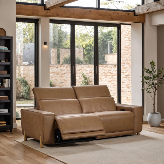 Kadon Zero Gravity Power Recliner Upholstered Leather Sofa by Classic Home in beige. Made from 100% top grain leather, acacia mangium wood, metal in a unique style.