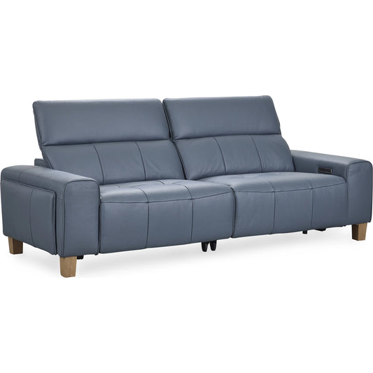 Alea Leather Power Recliner Sofa by Classic Home in smoke blue. Made from 100% top grain leather, acacia mangium wood, metal in a modern style.