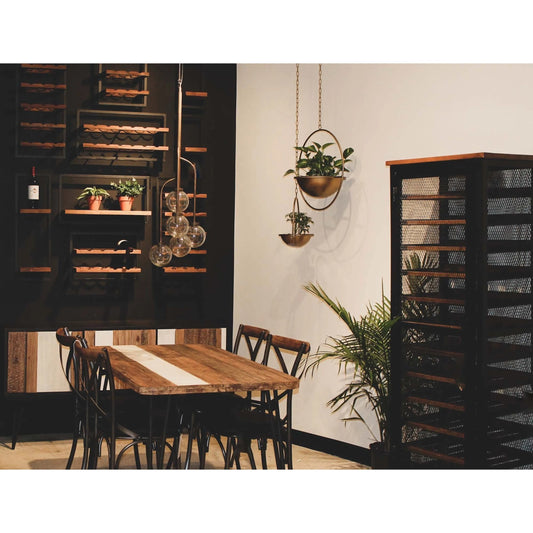 Earth Wind & Fire Hanging Pots by LH Imports in antique gold. Made from brass in a unique style.