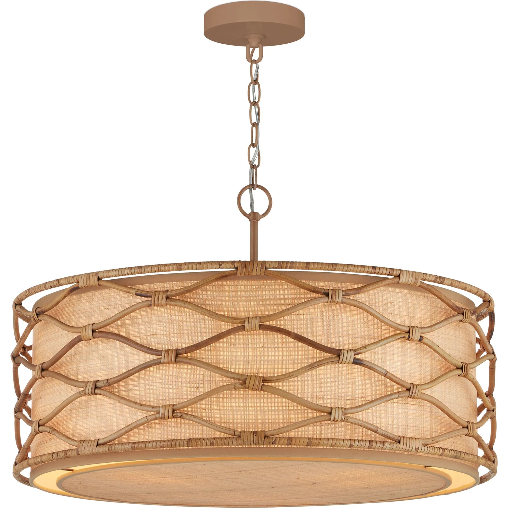 Partita Pendant by Currey and Company in saddle tan, natural. Made from wrought iron, rattan in a modern style.