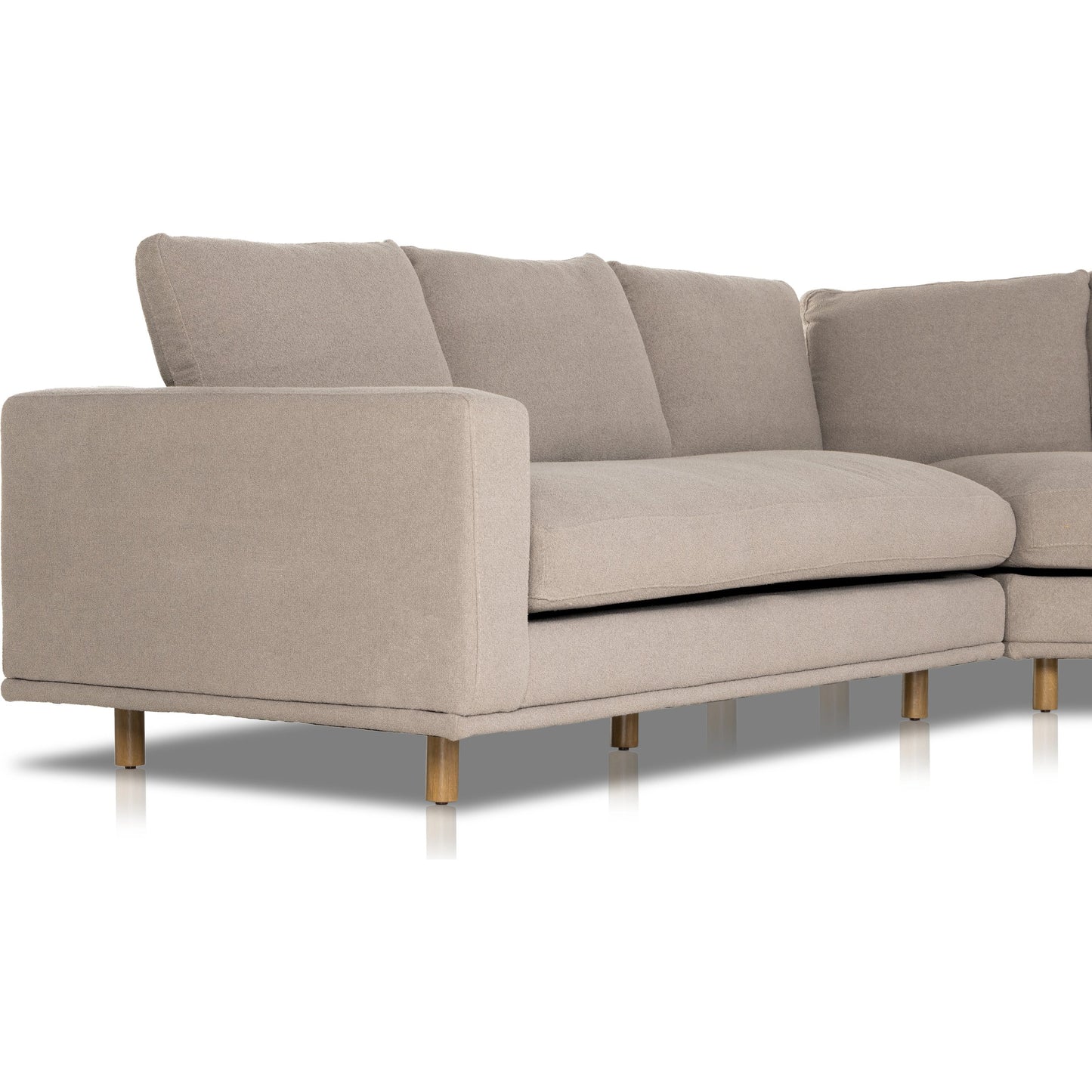 037 SI-1977251 | Closeup | Dom 3-Piece Sectional by Four Hands in portland cobblestone, distressed sienna. Made from 100% polyester, solid rosa morada in a modern style.