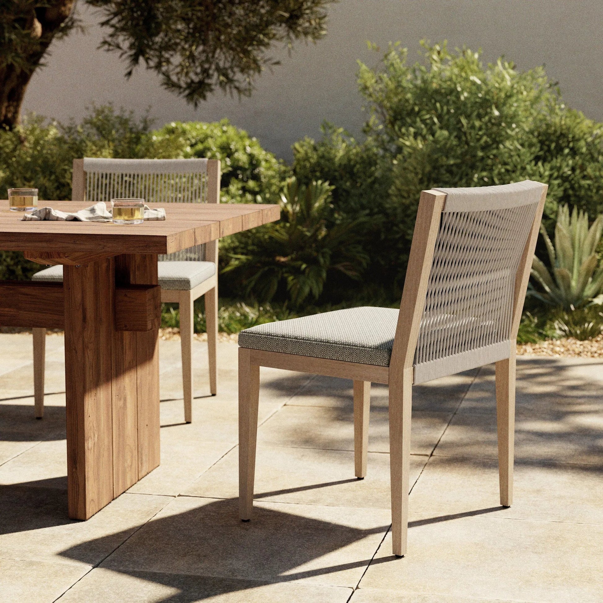 Sherwood Outdoor Dining Chair, Washed Brown by Four Hands in washed brown. Made from 100% olefin, solid fsc®-certified teak, 100% polypropylene in a cottage & farmhouse style.
