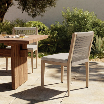 Sherwood Outdoor Dining Chair, Washed Brown by Four Hands in washed brown. Made from 100% olefin, solid fsc®-certified teak, 100% polypropylene in a cottage & farmhouse style.
