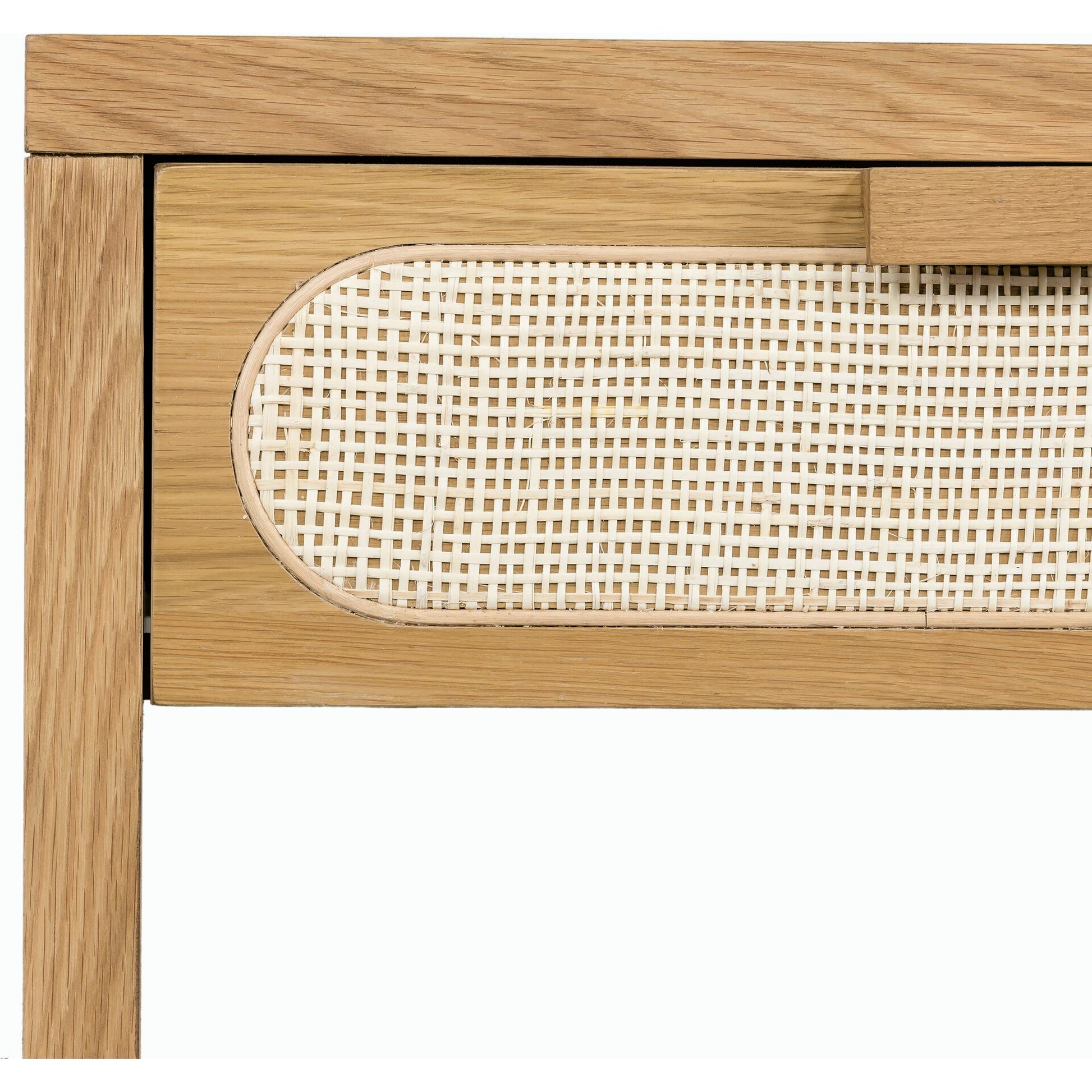 Allegra Nightstand by Four Hands in honey oak veneer, light natural cane, honey oak and honey oak. Made from oak veneer, cane, solid oak in a rustic style.