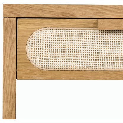 Allegra Nightstand by Four Hands in honey oak veneer, light natural cane, honey oak and honey oak. Made from oak veneer, cane, solid oak in a rustic style.