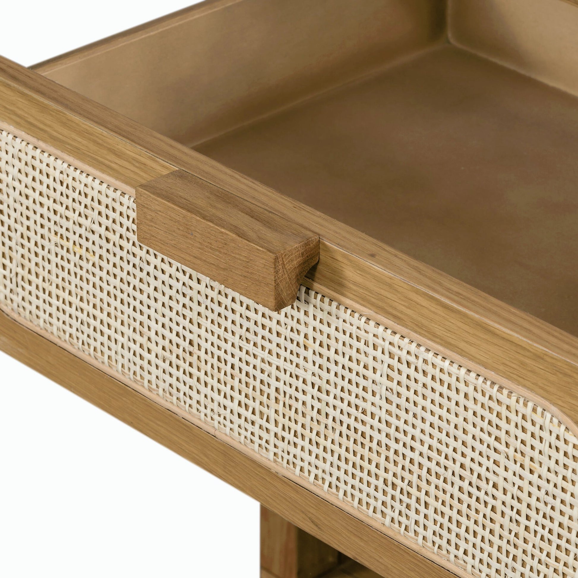 Allegra Nightstand by Four Hands in honey oak veneer, light natural cane, honey oak and honey oak. Made from oak veneer, cane, solid oak in a rustic style.