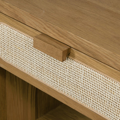 Allegra Nightstand by Four Hands in honey oak veneer, light natural cane, honey oak and honey oak. Made from oak veneer, cane, solid oak in a rustic style.