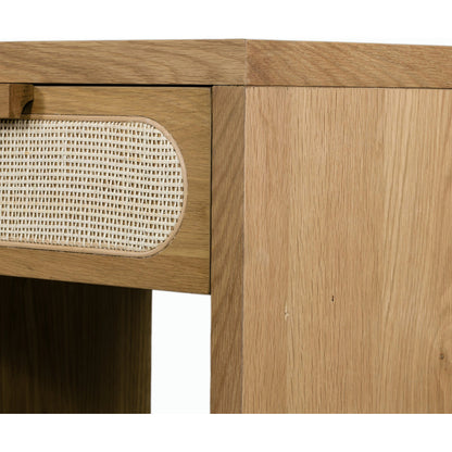 Allegra Nightstand by Four Hands in honey oak veneer, light natural cane, honey oak and honey oak. Made from oak veneer, cane, solid oak in a rustic style.