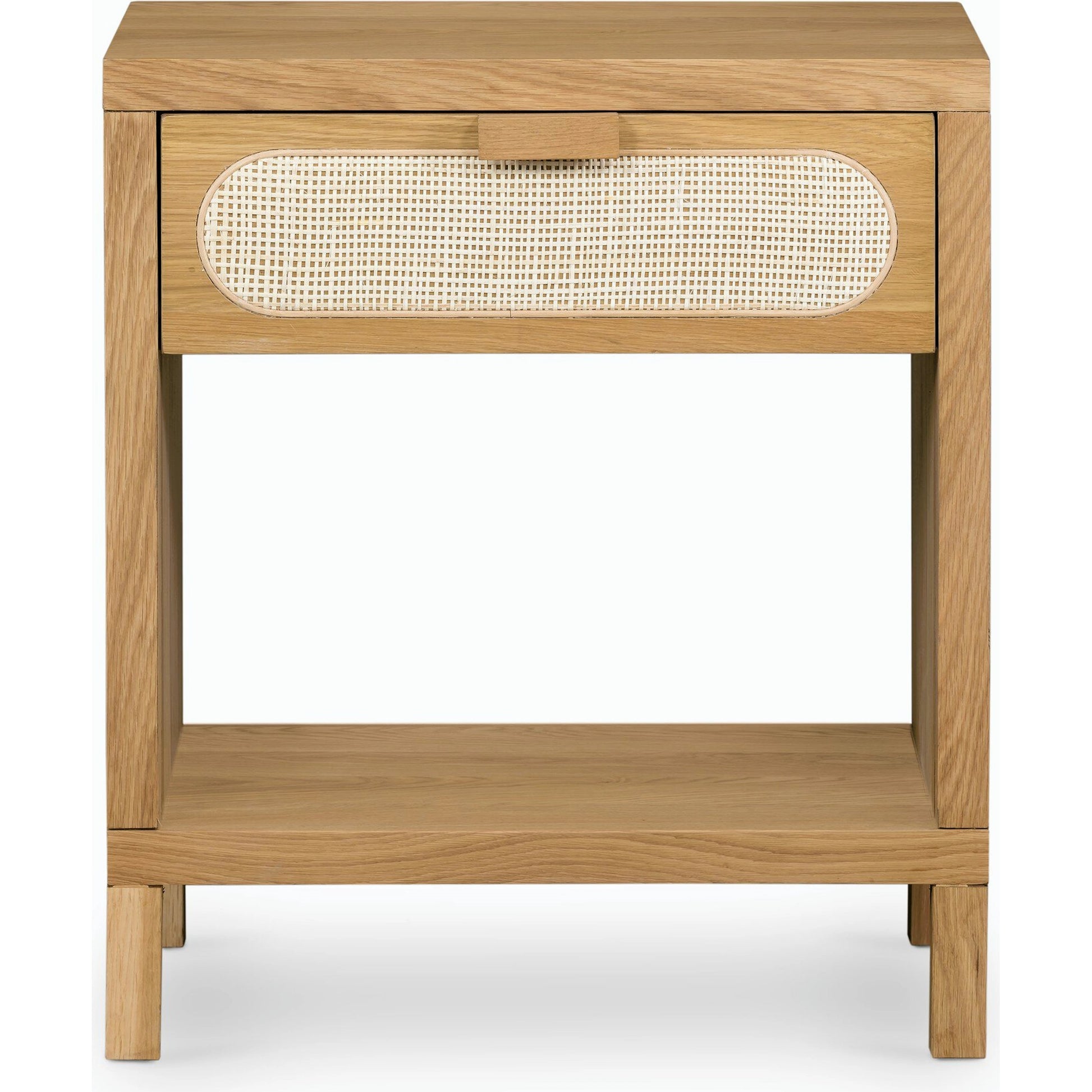Allegra Nightstand by Four Hands in honey oak veneer, light natural cane, honey oak and honey oak. Made from oak veneer, cane, solid oak in a rustic style.