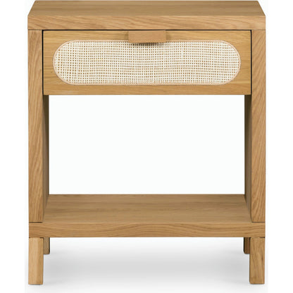 Allegra Nightstand by Four Hands in honey oak veneer, light natural cane, honey oak and honey oak. Made from oak veneer, cane, solid oak in a rustic style.